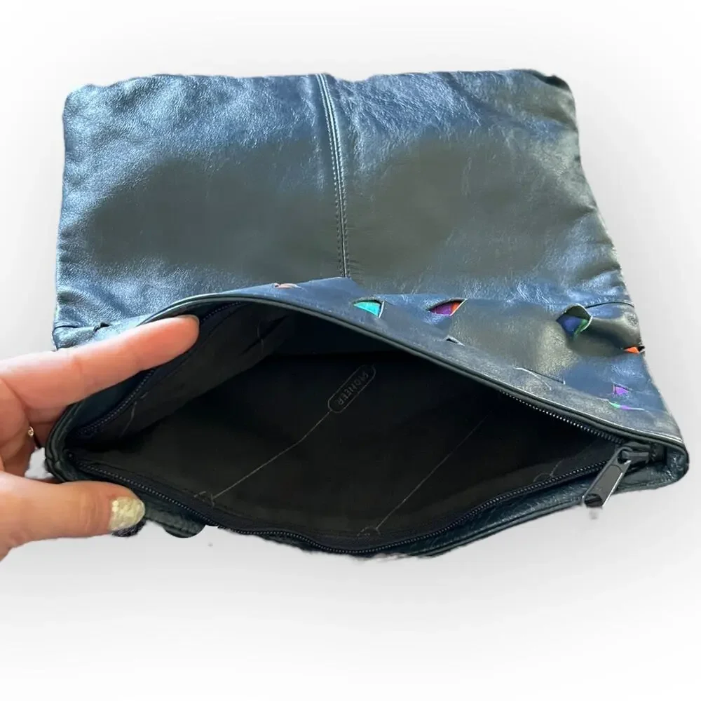 Pioneer Vintage 80s Navy Blue Leather Fold Over Clutch Purse w/ Fabric Cut Outs